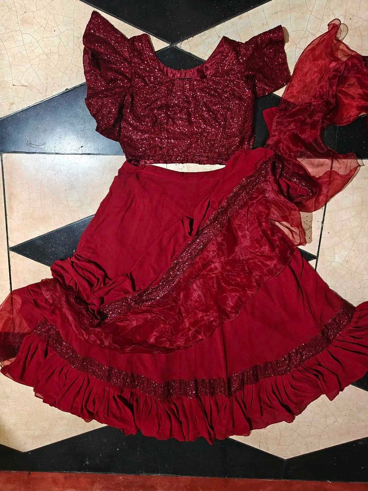 Stunning Maroon Sequined Lehenga Saree with Blouse