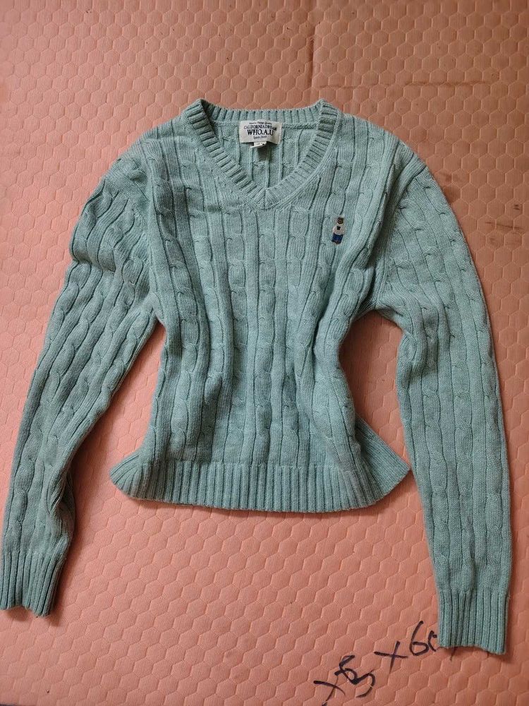 Light Blue Cable Knit V-Neck Sweater