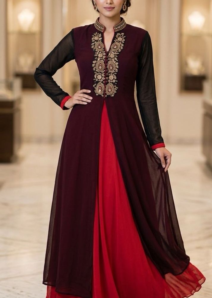 Elegant Maroon &amp; Red Embroidered Gown