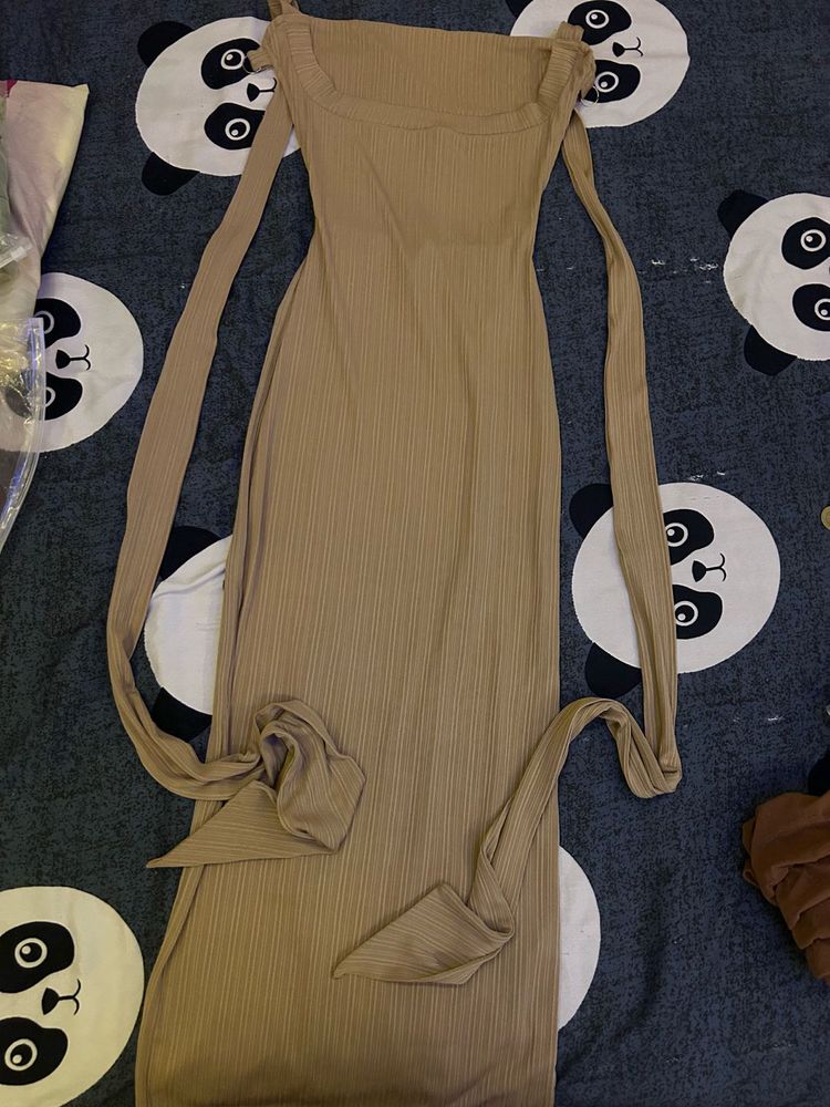Ribbed Midi Dress with Tie Sleeves