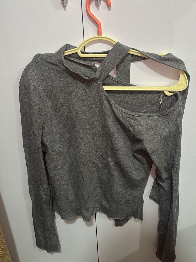 Grey Cut-Out Long Sleeve Top