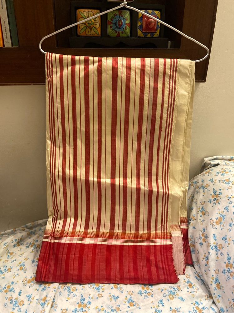 Elegant Ivory &amp; Red Striped Saree | Fe