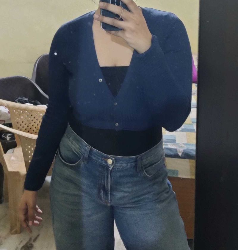 Navy Blue Cropped Cardigan