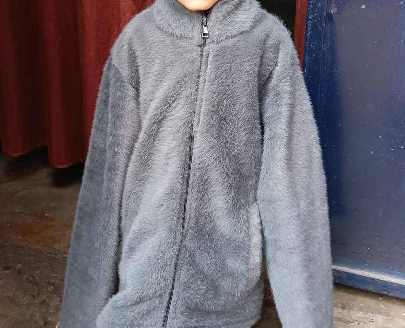 Gray Fuzzy Zip-Up Jacket