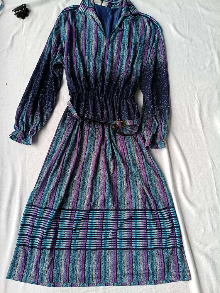Vintage Striped Maxi Dress with Belt