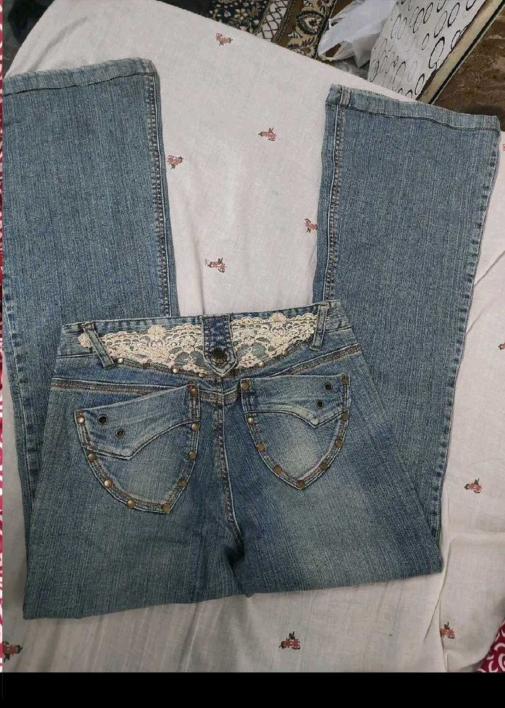 Women's Blue Denim Jeans with Lace Detail
