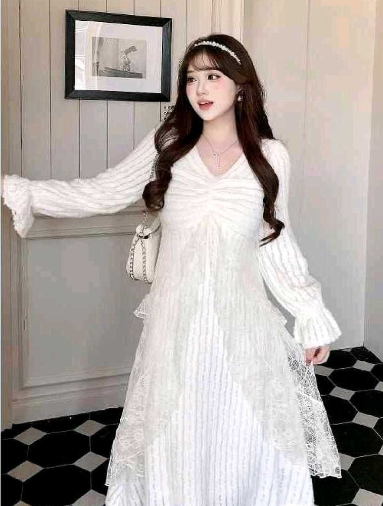 korean fur White Lace Detail Long Dress