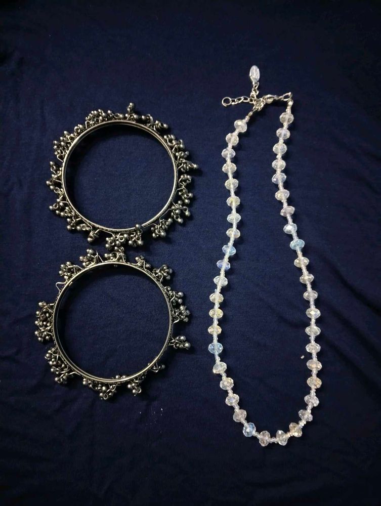 Boho Silver Bangles &amp; Crystal Necklace Set