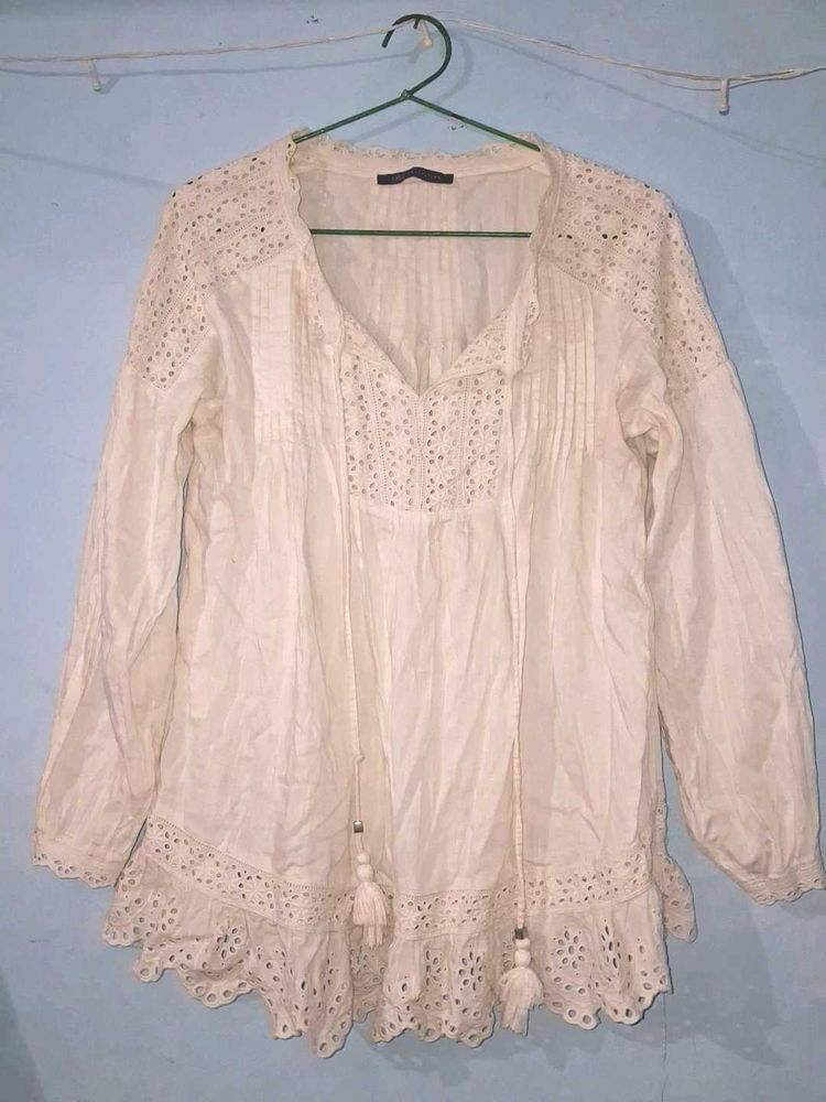 White Eyelet Lace Tassel Blouse