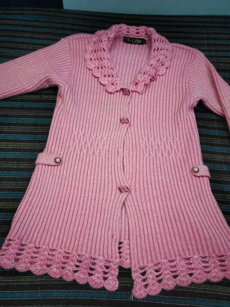 Pink Knitted Cardigan with Crochet Trim