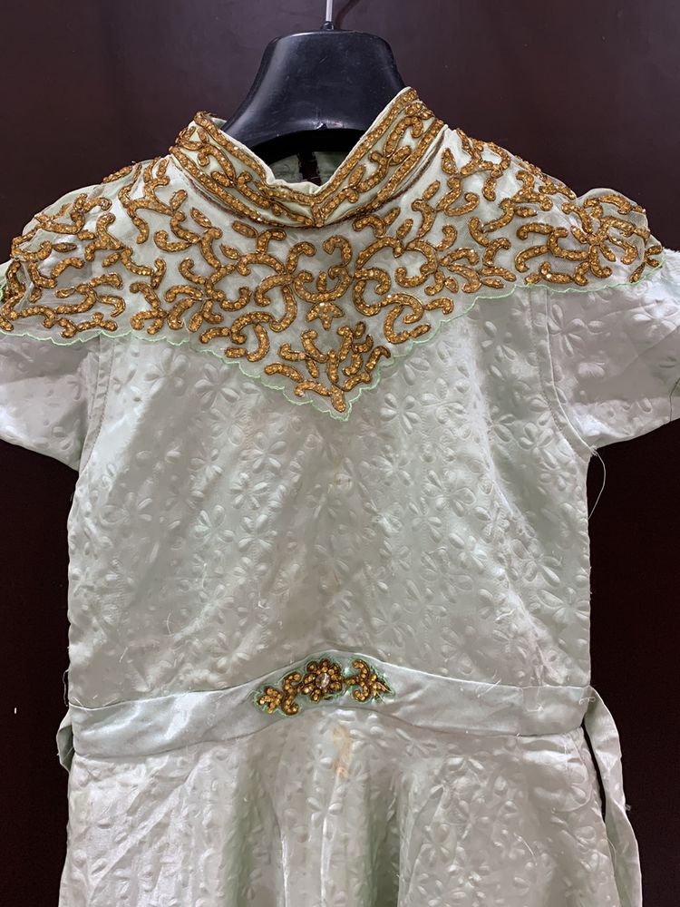 Green Stone Work  Gown For Kids