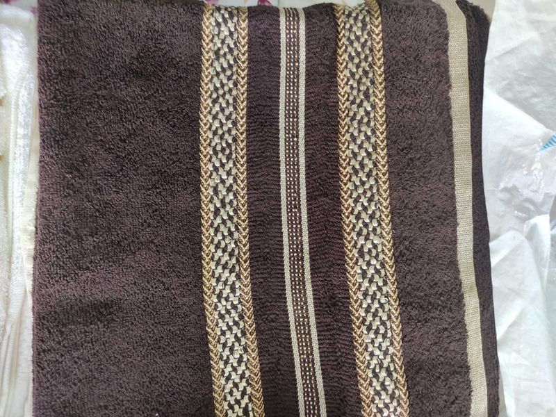Brown Striped Golden Embroidery Bath Towel