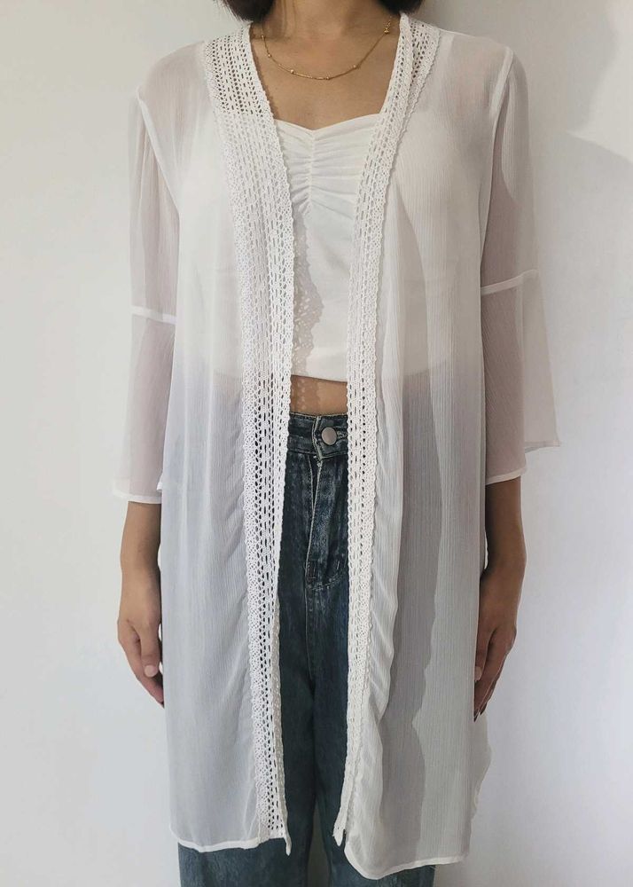 White Sheer Lace Trim Cardigan