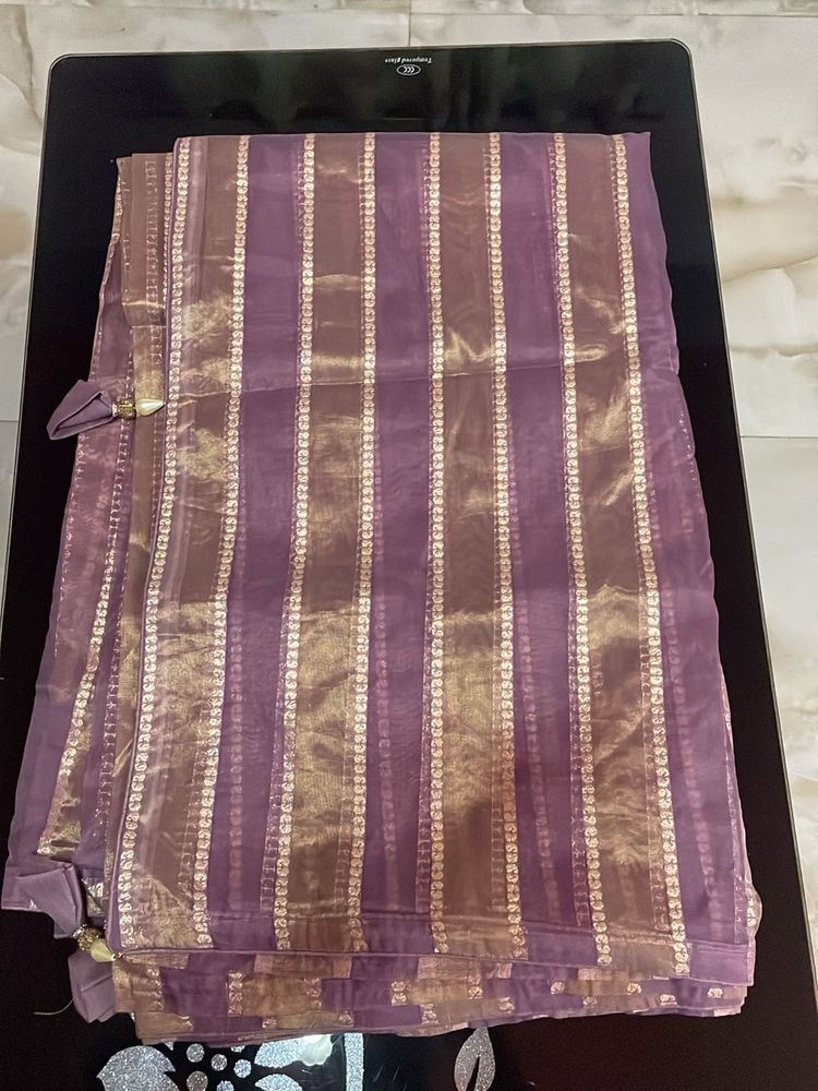 Purple Striped Saree with Gold Accents