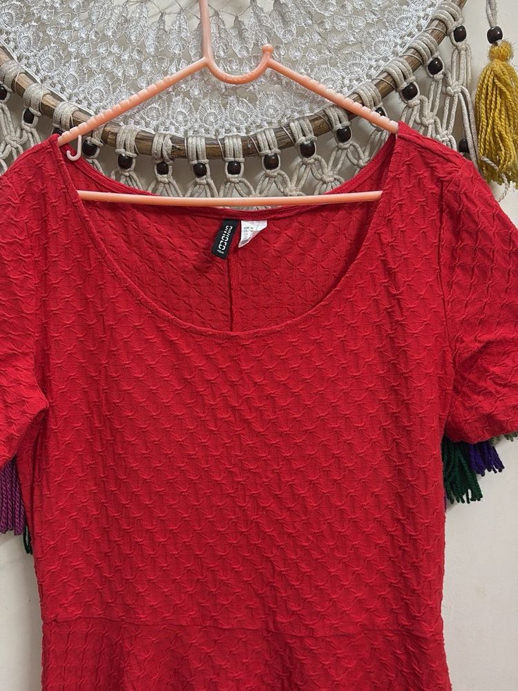 H&amp;M Red Textured Fit &amp; Flare Dress