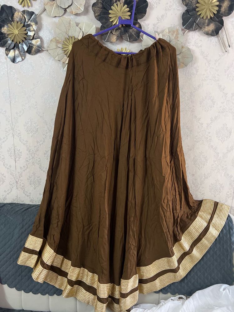 Brown Ethnic Skirt with Golden Border