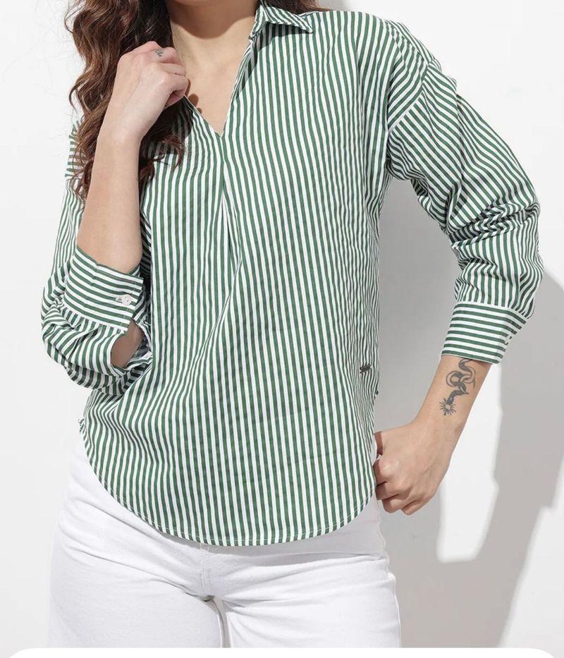 Green &amp; White Striped V-Neck Shirt
