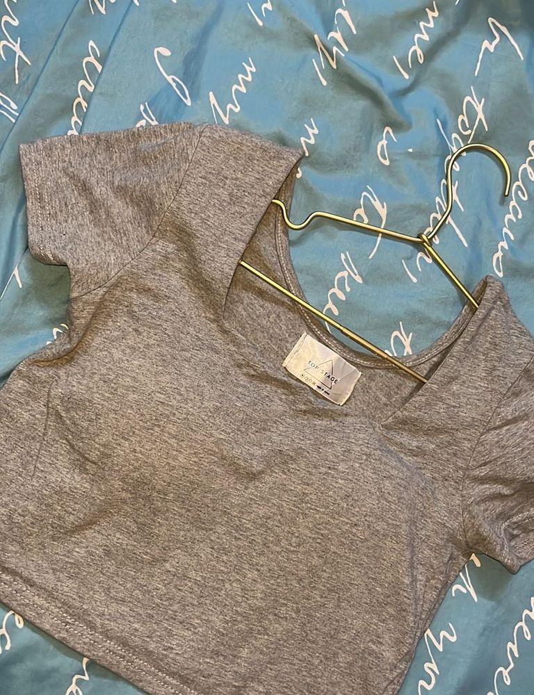 Grey V-Neck Cropped T-Shirt