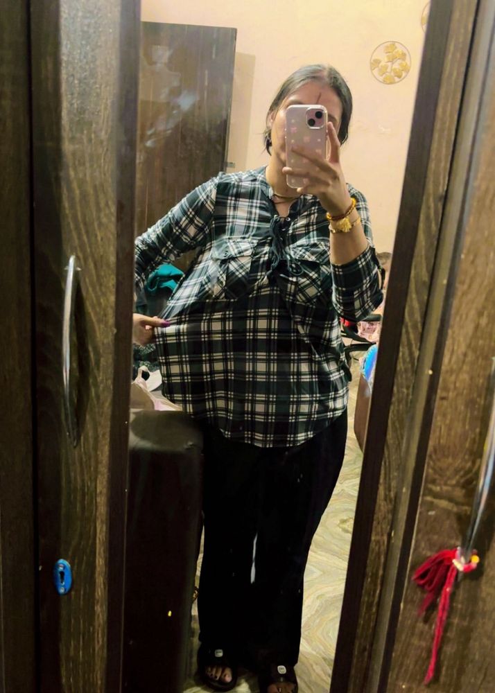 Green Plaid Button-Up Tunic Shirt