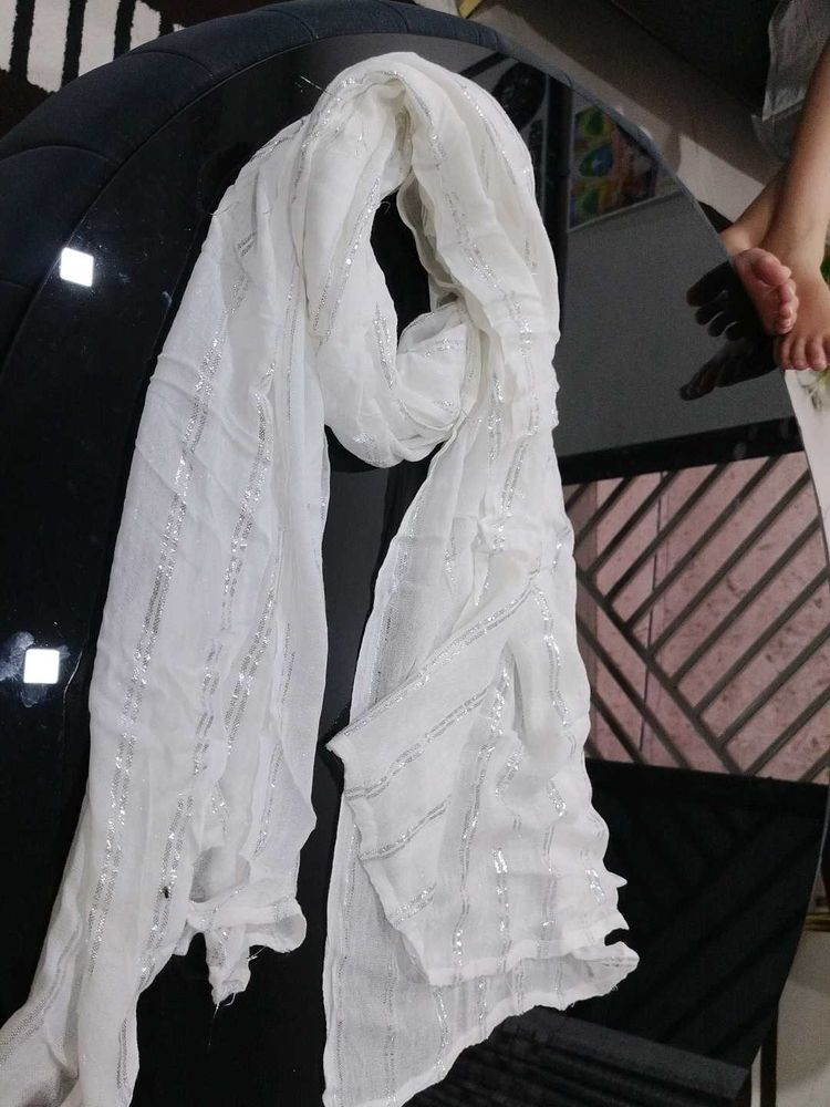 Elegant White Scarf with Silver Stripes