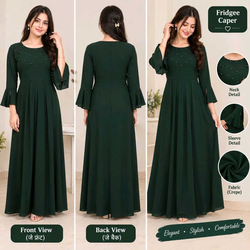 Elegant Green Gown with Pearl Detail