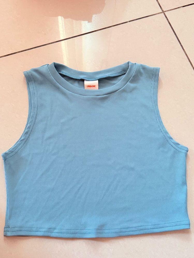 Blue Ribbed Sleeveless Cropped Tank Top