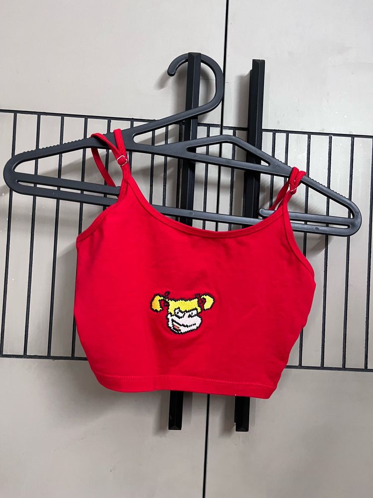 Red Cropped Top with Monkey Design
