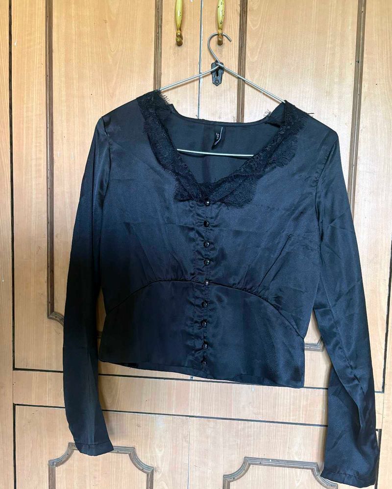 Chic Black Satin Lace Trim Blouse