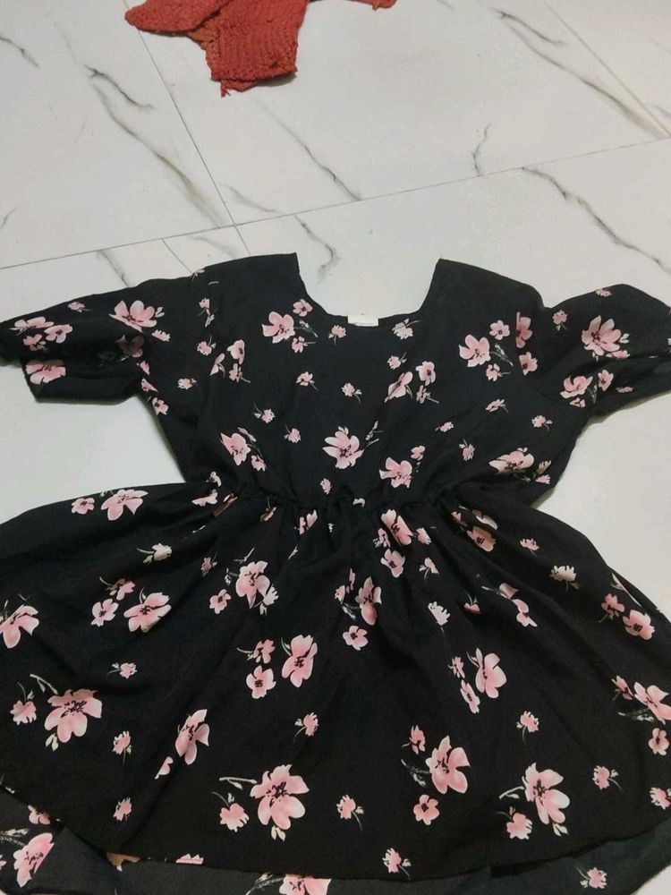 Black Floral Print A-Line Dress