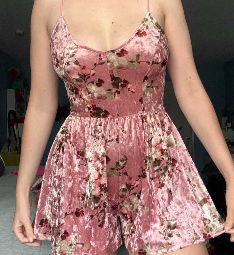 Pink Velvet Floral Romper