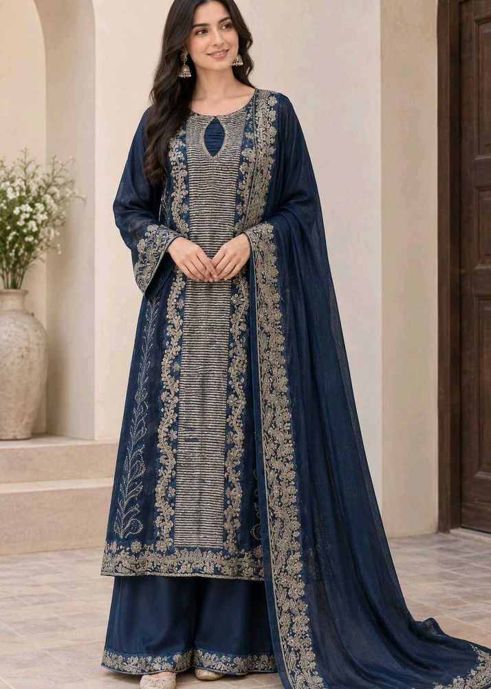 Beautiful Blue Pakistani Suit Set | Resham Embroid