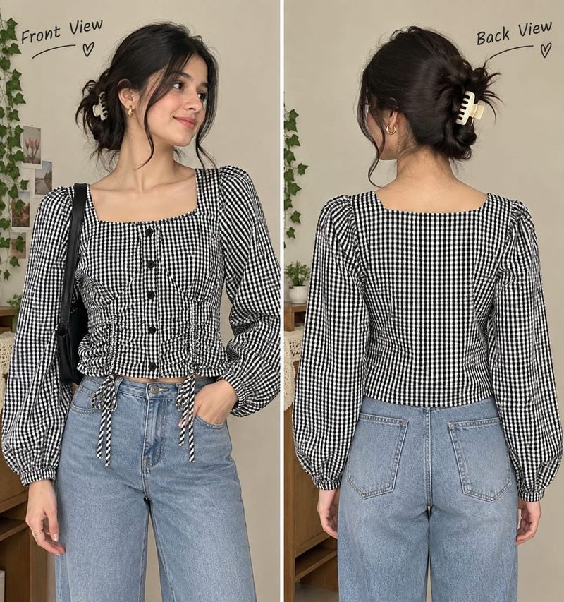Gingham Square Neck Puff Sleeve Top