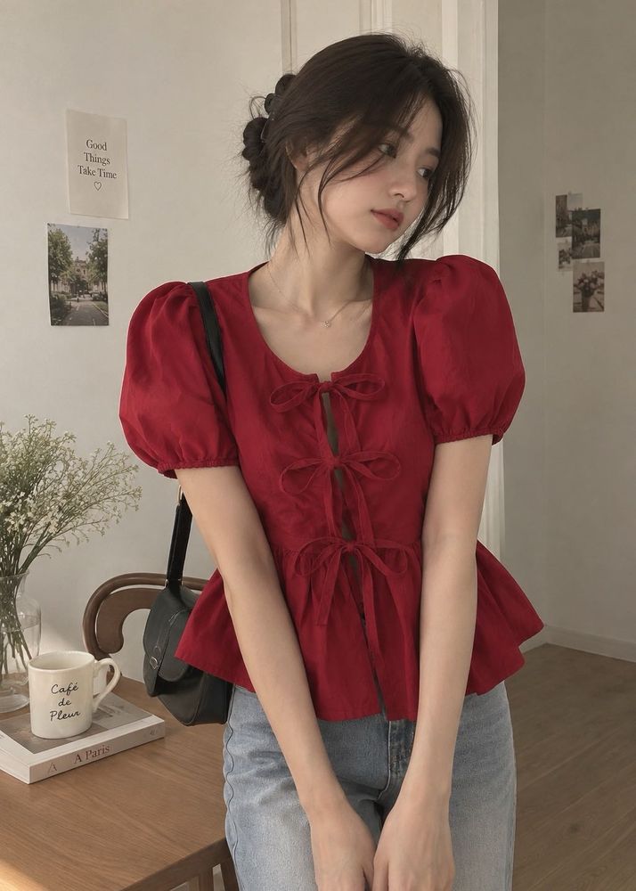 Pinteresty Red Tie Top with Puff Sleeves