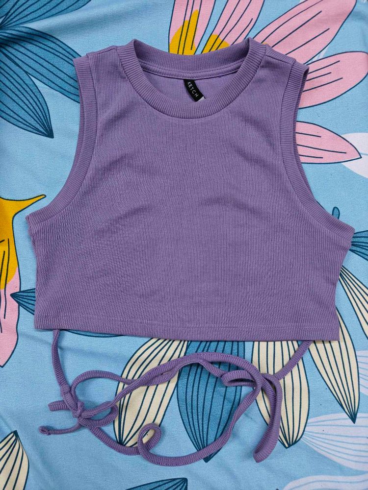 Purple Ribbed Crop Top with Tie-Back