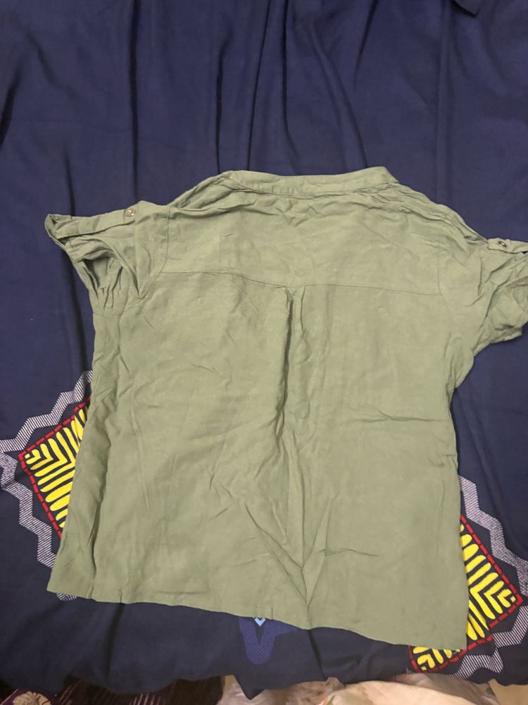 Olive Green Short Sleeve Button-Up Top
