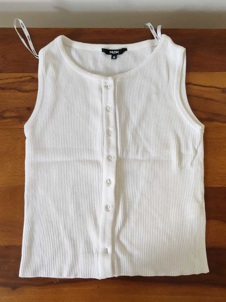 White Ribbed Button-Up Top