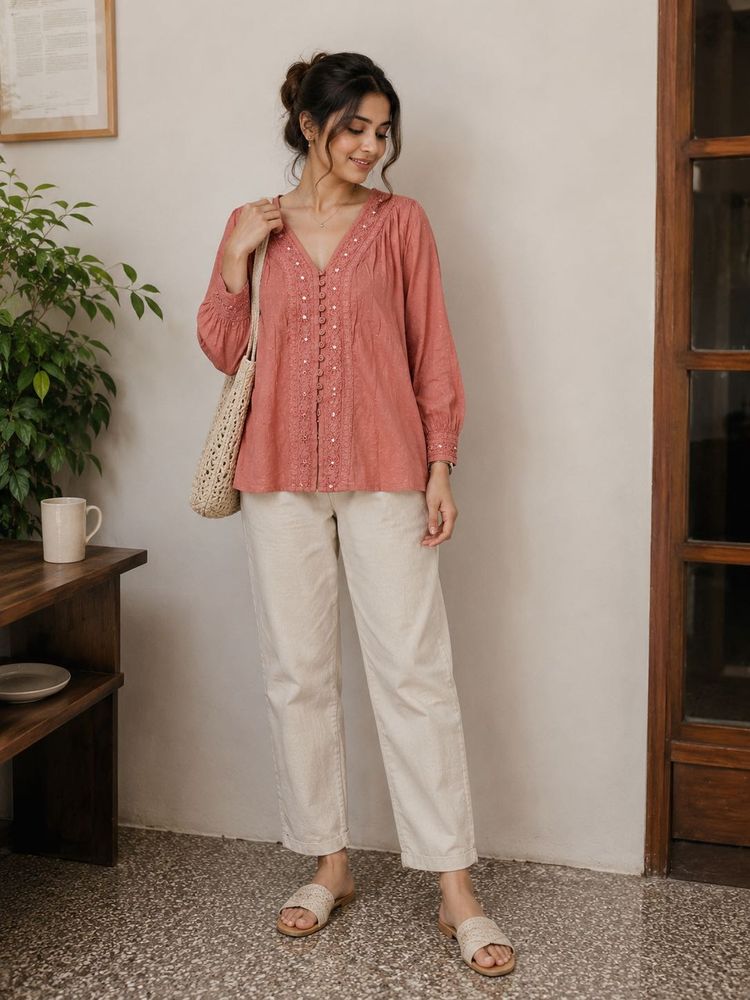 coral embroidered long top