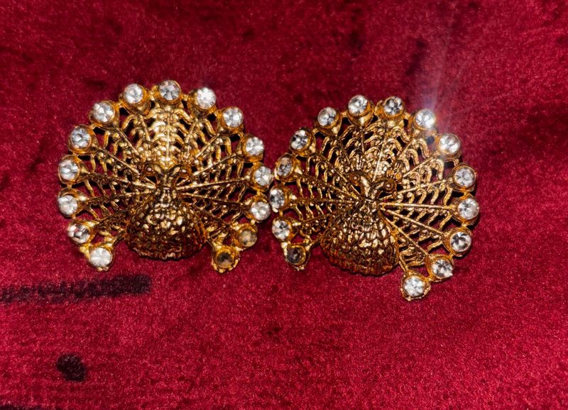 Gold Peacock Earrings with Crystals