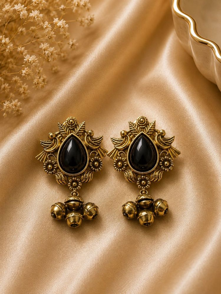 Oxidized Jhumka Earrings with Black Stone