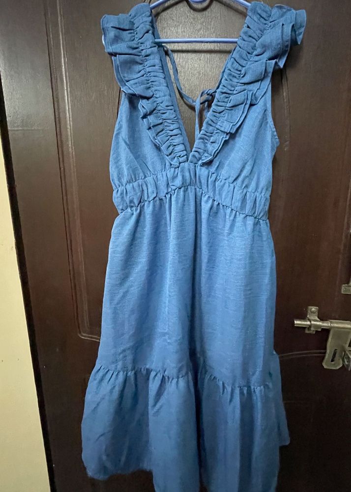 Blue Ruffle V-Neck Dress