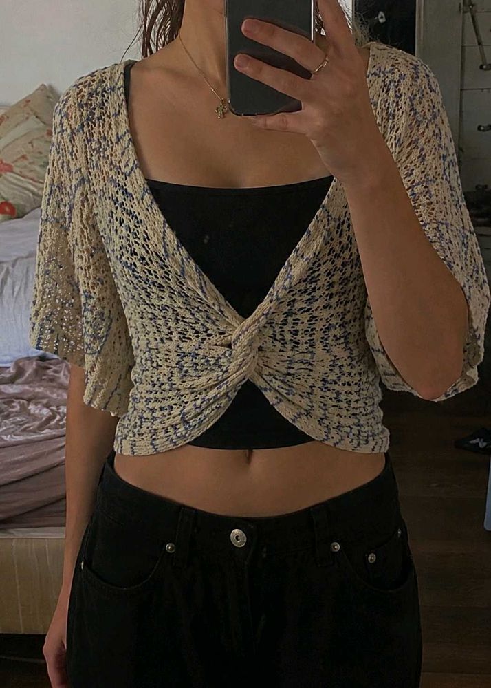 Crocheted Open Weave Cropped Cardigan