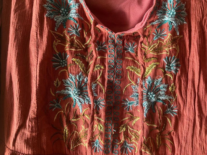 Embroidered Coral Kurta