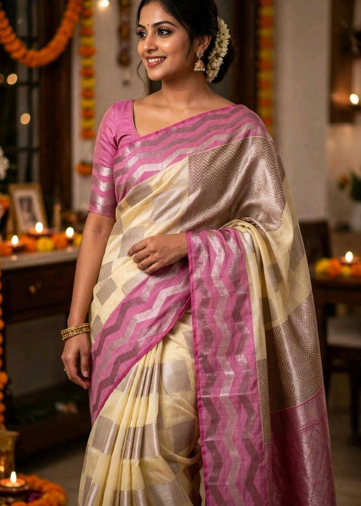Elegant Cream &amp; Pink Woven Silk Saree