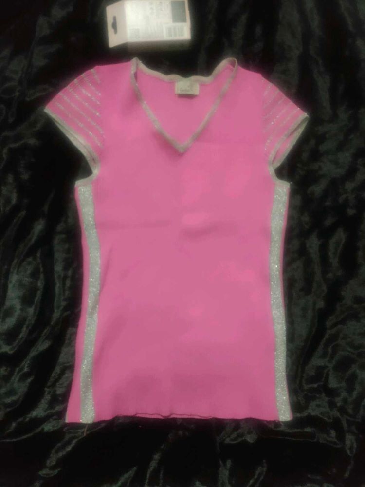 Pink Glitter Trim Top - Size Small