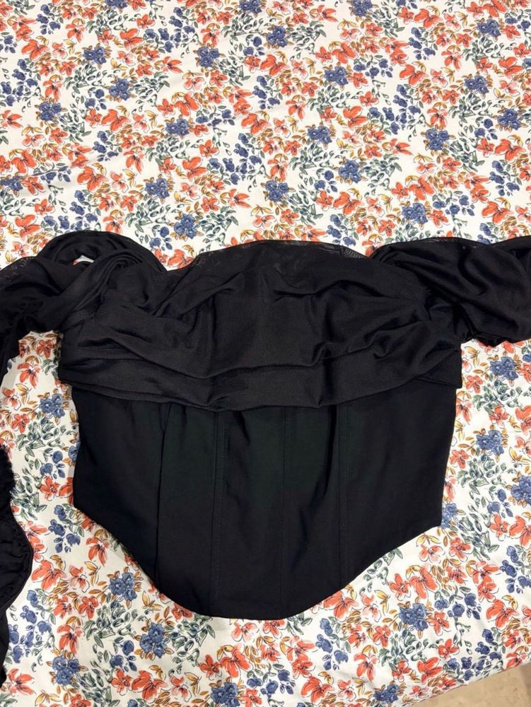 Chic Black Corset Top with Sheer Sleeves