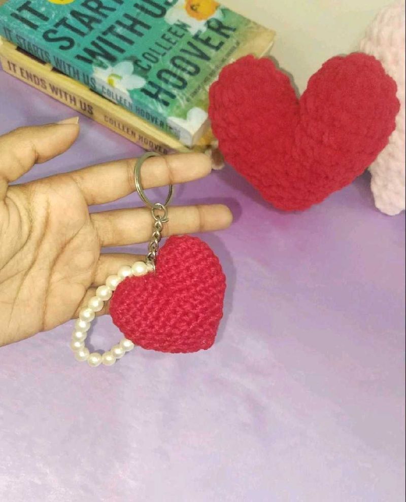 Crocheted Heart Keychain with Pearls