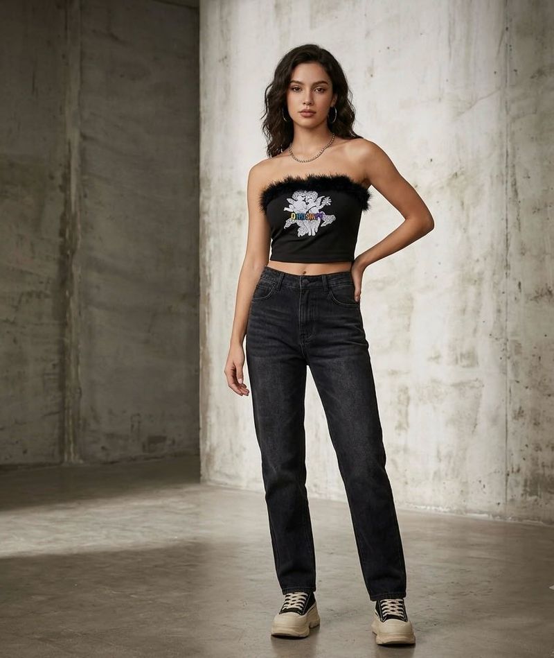Black Fur Trimmed Graphic Tube Top