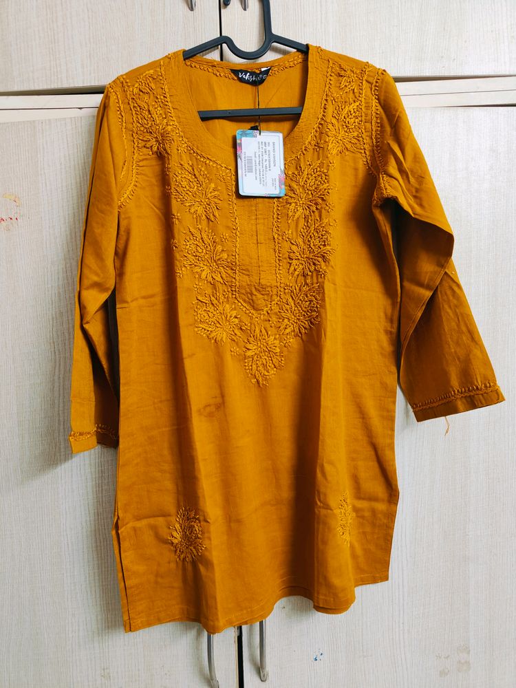Mustard Chikankari Cotton Tunic (M/34)