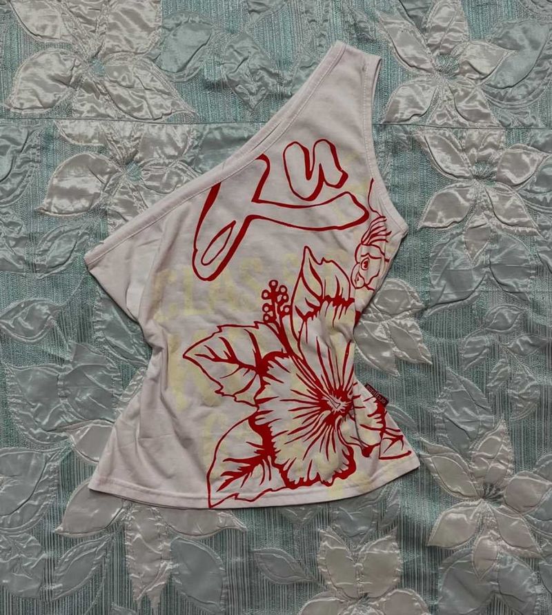 Vintage Y2K one shoulder hibiscus graphic top