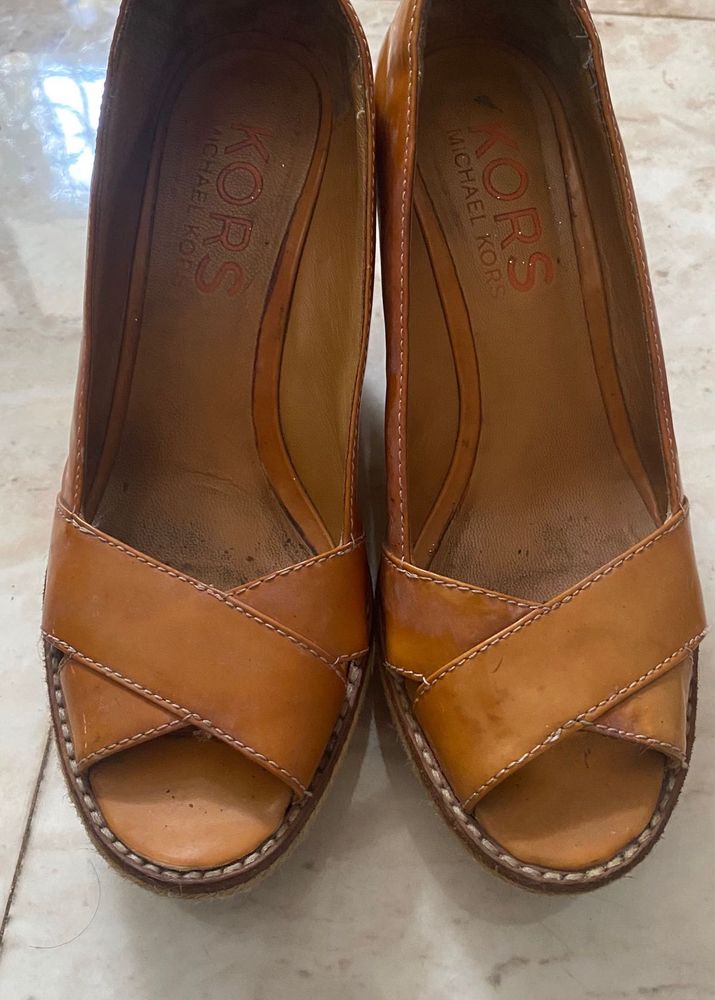 Michael Kors Leather Peep-Toe Wedges